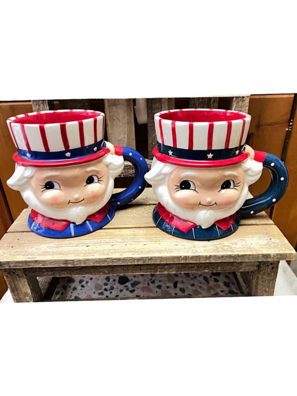 Set of 2 Johanna Parker Uncle Sam Patriotic Mugs - Carnival Cottage NWT